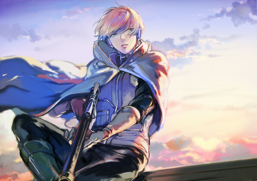 1boy, blonde_hair, cape, gun, lupicam, narasaka_touru, rifle, short_hair