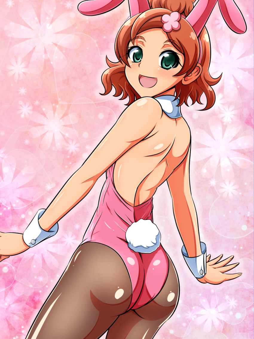 1girl, animal_ears, aokura_shou, ass, brown_hair, bunny_tail, bunnysuit, detached_collar, from_behind, go!_princess_precure, green_eyes, haruno_haruka, highres, pantyhose, precure, rabbit_ears, short_hair, tail, wrist_cuffs