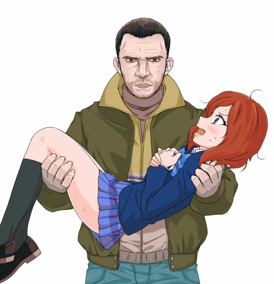 1boy, 1girl, ahoge, black_legwear, brown_eyes, brown_hair, carrying, crossover