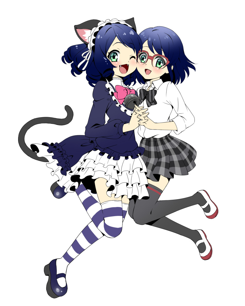 2girls, :d, ;d, animal_ears, bell, bell_collar, black_legwear, blue_hair, bowtie, cat_ears, cat_tail, cheek-to-cheek, collar, curly_hair, cyan_(show_by_rock!!), dress, dress_shoes, dual_persona, fangs, frilled, frilled_dress, frills, glasses, green_eyes, hands_together, highres, hijikawa_shian, ishiyaki_nori, jingle_bell, maid_headdress, multiple_girls, one_eye_closed, open_mouth, school_uniform, short_hair, show_by_rock!!, skirt, smile, striped, striped_legwear, tail, teeth, thigh-highs, zettai_ryouiki
