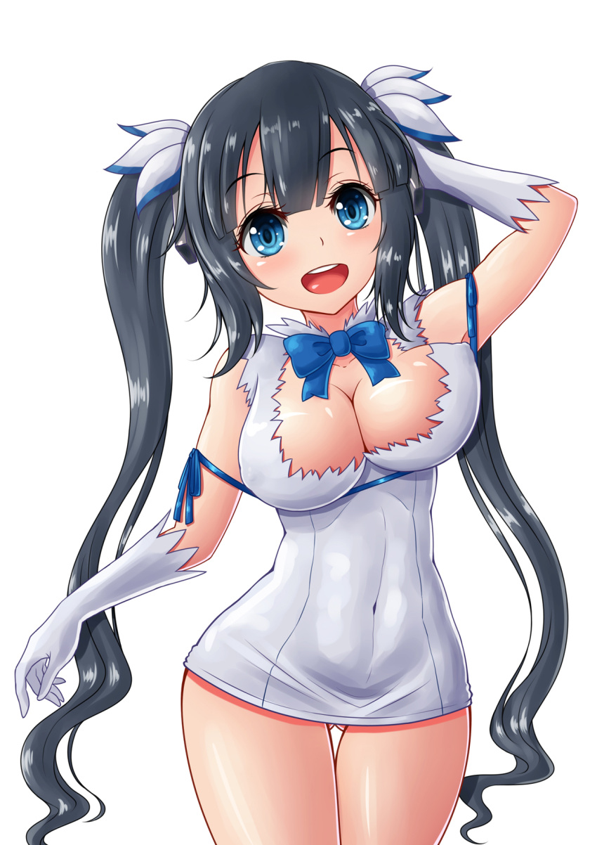 1girl, :d, black_hair, blue_eyes, breasts, cleavage, covered_navel, dungeon_ni_deai_wo_motomeru_no_wa_machigatteiru_darou_ka, hair_ribbon, hestia_(danmachi), highres, large_breasts, long_hair, open_mouth, rei_no_himo, ribbon, simple_background, smile, solo, tie_(yutie1990), twintails, white_background
