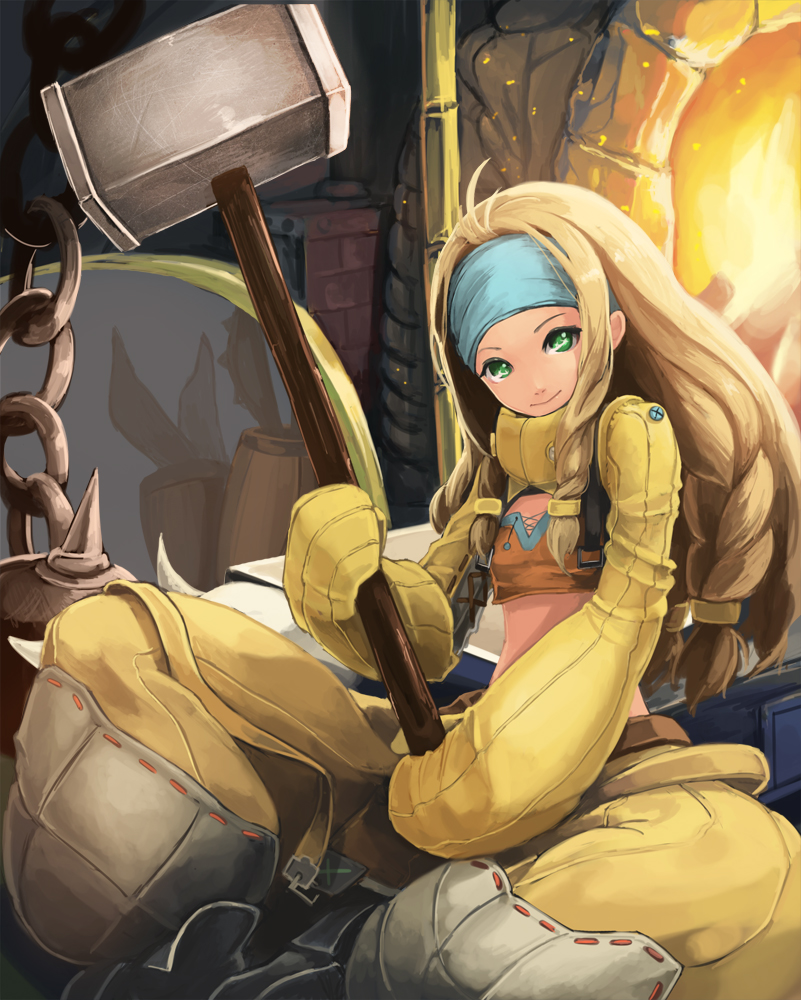 1girl, akira0171, blonde_hair, braid, crafting_shop_daughter_(monster_hunter), detached_sleeves, fire, green_eyes, hammer, headband, long_hair, long_sleeves, midriff, monster_hunter, monster_hunter_4, multiple_braids, sitting, smile, solo