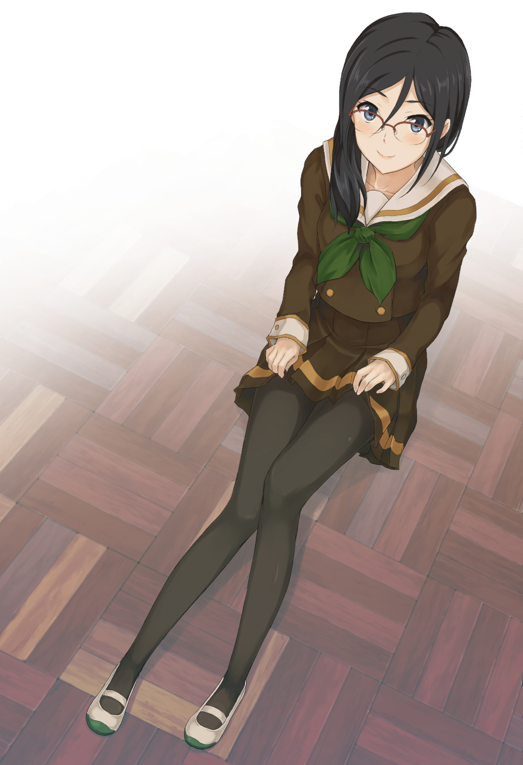 1girl, black_hair, blue_eyes, glasses, hibike!_euphonium, highres, hino_taka, long_hair, pantyhose, school_uniform, serafuku, smile, solo, tanaka_asuka