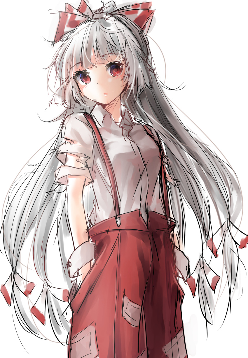 1girl, absurdres, bow, fujiwara_no_mokou, hair_bow, hands_in_pockets, highres, red_eyes