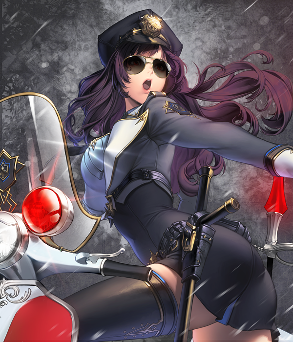 1girl, aviator_glasses, baton, belt, black_legwear, card_(medium), chaos_online, cuffs
