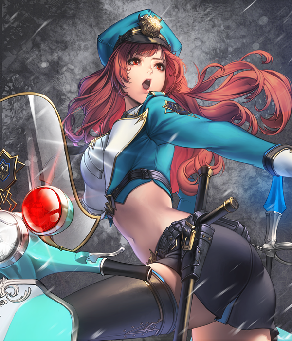 1girl, baton, belt, black_legwear, brown_hair, card_(medium), chaos_online, cuffs