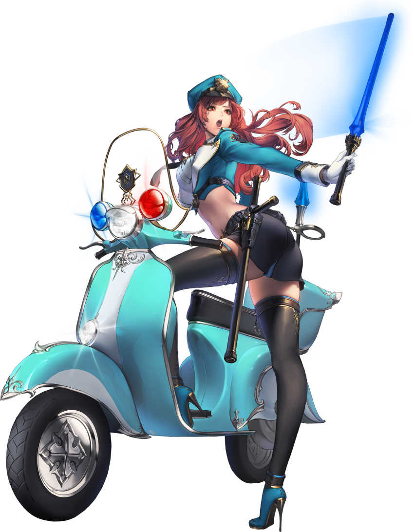1girl, alpha_transparency, baton, belt, black_legwear, brown_hair, chaos_online, cuffs
