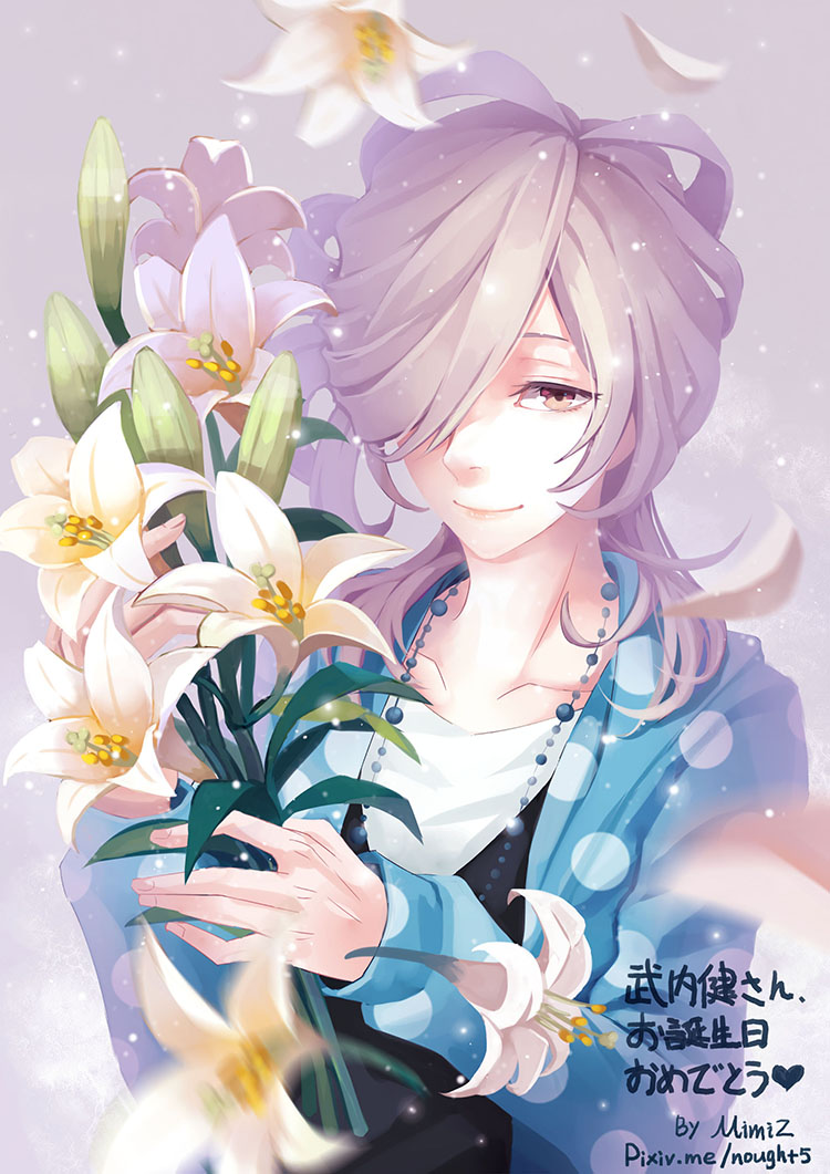 1boy, artist_name, asahina_louis, blonde_hair, brothers_conflict, flower, hair_over_one_eye, jewelry