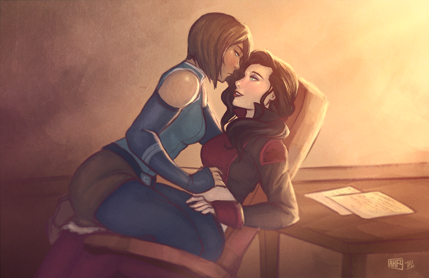 2girls, alternate_hair_length, alternate_hairstyle, asami_sato, avatar_legends, black_hair, blue_eyes, breasts, brown_hair, chair, collaboration, dark_skin, detached_sleeves, eye_contact, eyeshadow, girl_on_top, hand_under_clothes, hand_under_shirt, iahfy, kathryn_layno, korra, lips, lipstick, long_hair, looking_at_another, makeup, multiple_girls, office, office_chair, shirt, short_hair, sitting, sitting_on_lap, sitting_on_person, smile, the_legend_of_korra, yuri
