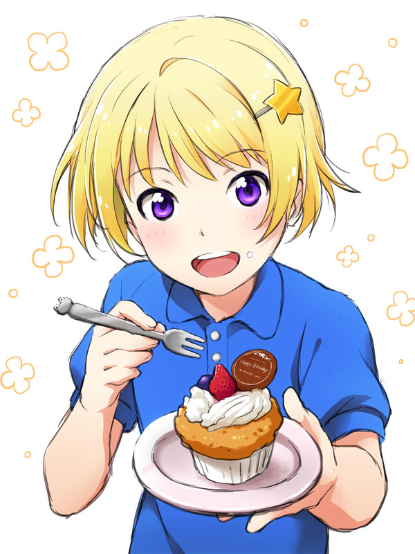1boy, blonde_hair, blueberry, cupcake, food, food_on_face, fork, fruit
