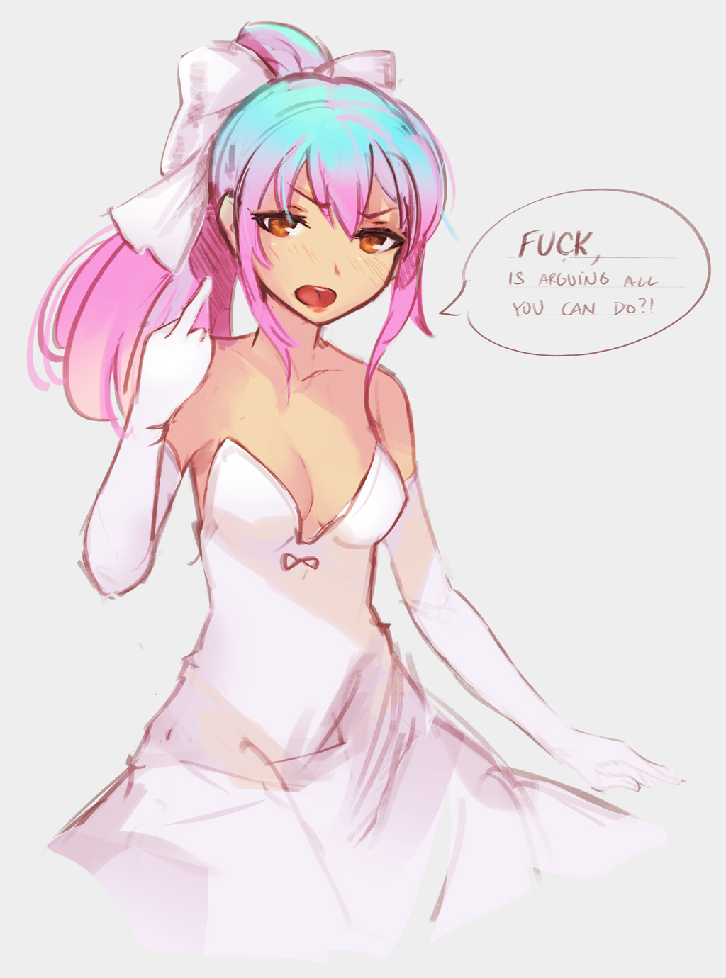1girl, 4chan, annoyed, bare_shoulders, blush, breasts, brown_eyes, cleavage