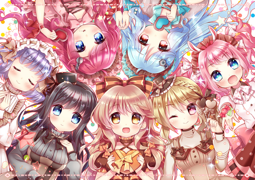6+girls, :>, :d, ;), black_hair, blonde_hair, blue_eyes, blue_hair