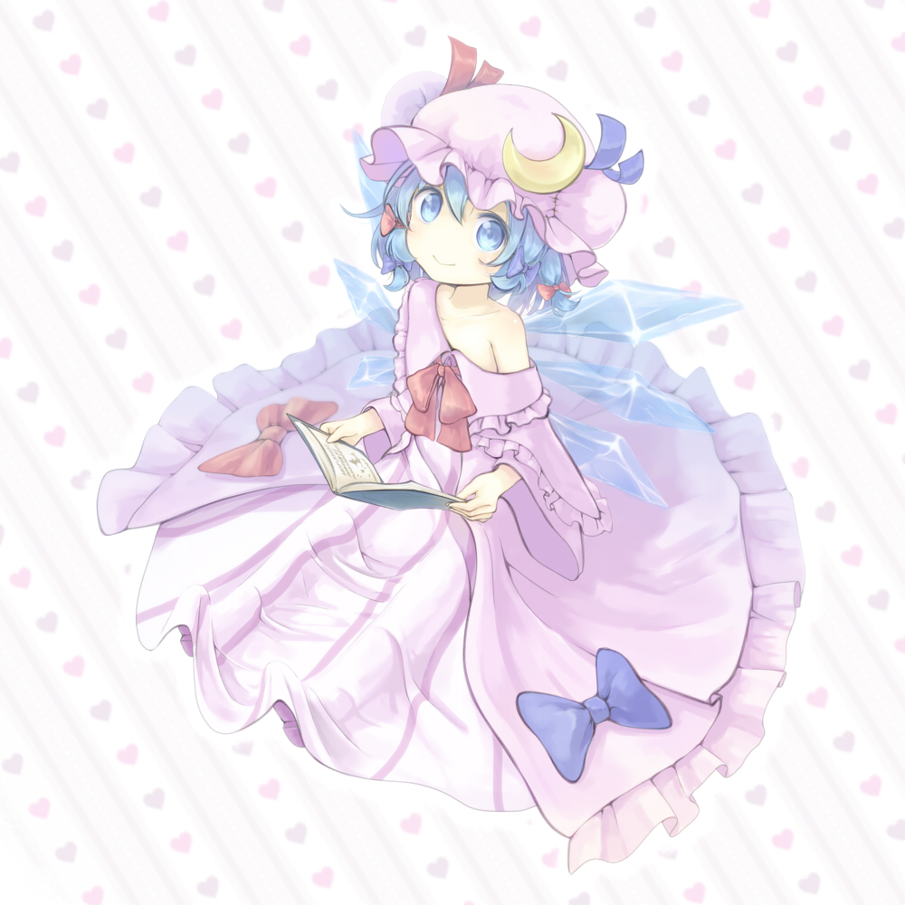 1girl, blue_eyes, blue_hair, book, cirno, cosplay, crescent_hair_ornament, double_bun