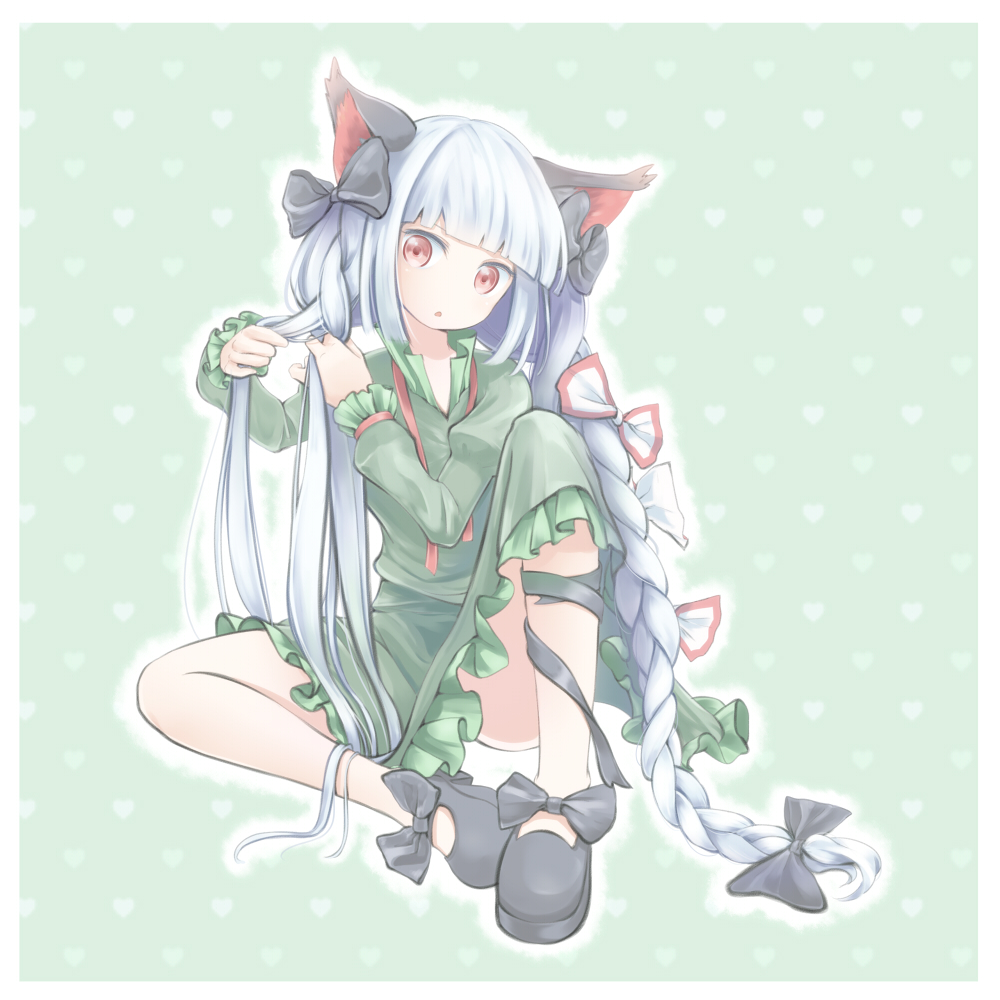 1girl, animal_ears, braid, braiding_hair, cat_ears, cosplay, dress, fujiwara_no_mokou
