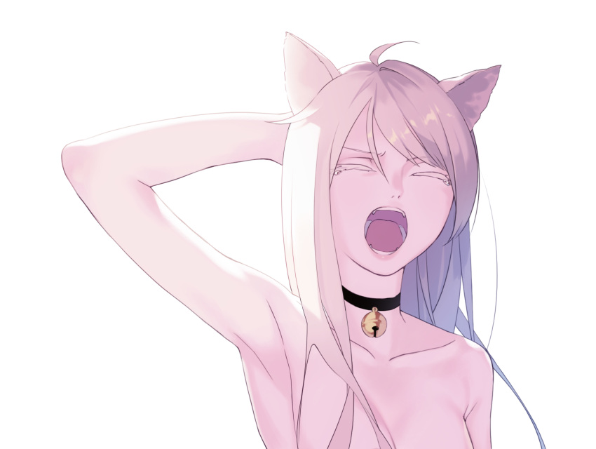 1girl, ahoge, animal_ears, arm_behind_head, arm_up, bare_shoulders, bell, bell_choker