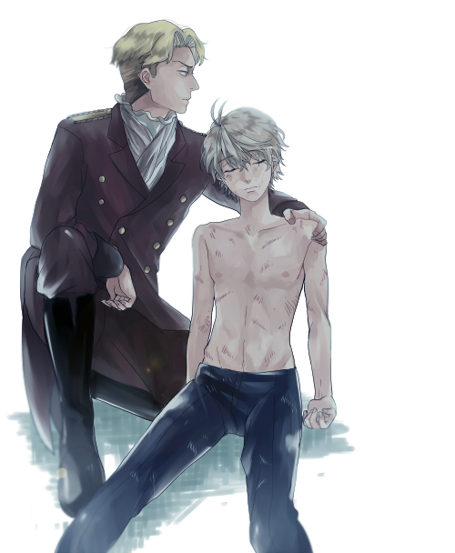 2boys, aldnoah.zero, blonde_hair, cruhteo, injury, junka-sakura, multiple_boys, scar
