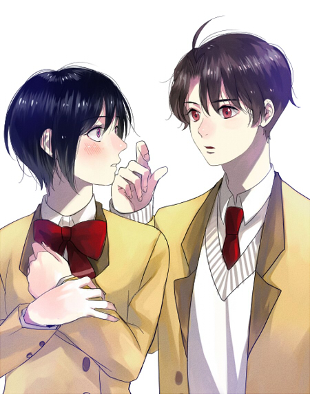 1boy, 1girl, aldnoah.zero, amifumi_inko, black_hair, blush, brown_hair, junka-sakura, red_eyes, school_uniform, short_hair, violet_eyes