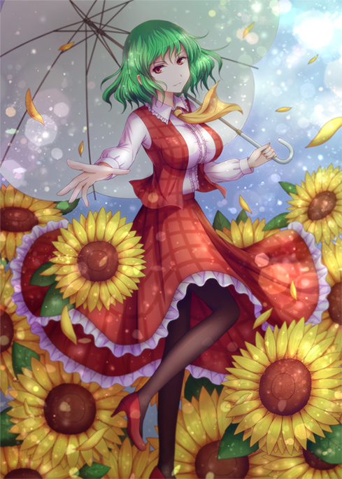 1girl, ascot, flower, green_hair, kazami_yuuka, nin_(female), petals, plaid