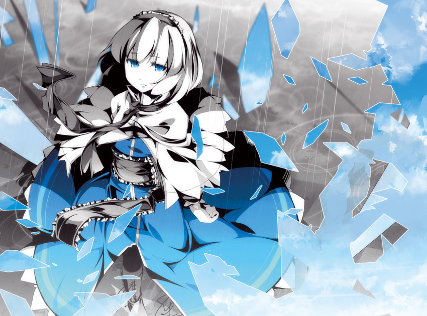 asakura_masatoki, blue, blue_eyes, broken_glass, capelet, dress, from_above, girl