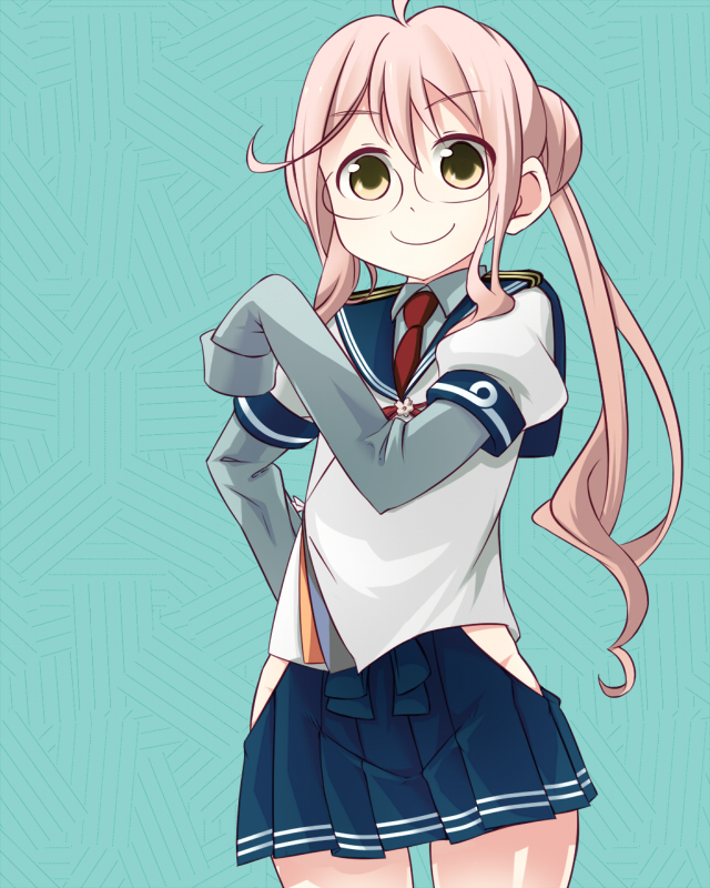 1girl, ahoge, blue_background, brown_hair, collared_shirt, cosplay, cowboy_shot, glasses, hakama_skirt, hand_on_hip, kantai_collection, long_sleeves, looking_at_viewer, makigumo_(kantai_collection), neckerchief, necktie, no_panties, ooyodo_(kantai_collection), ooyodo_(kantai_collection)_(cosplay), pink_hair, pleated_skirt, sailor_collar, shirt, simple_background, skirt, sleeves_past_wrists, smile, solo, twintails, yamaarashit