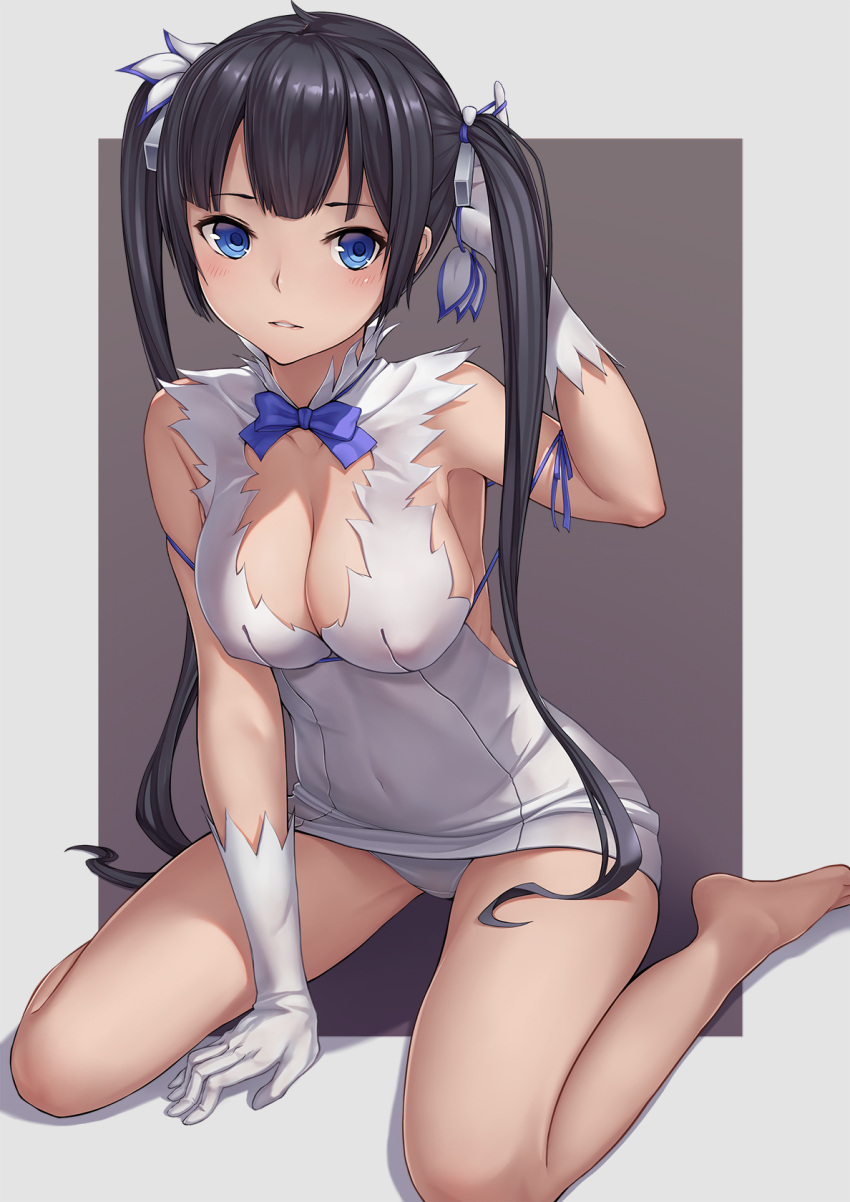 1girl, arm_ribbon, black_hair, blue_eyes, breasts, dress, dungeon_ni_deai_wo_motomeru_no_wa_machigatteiru_darou_ka, gloves