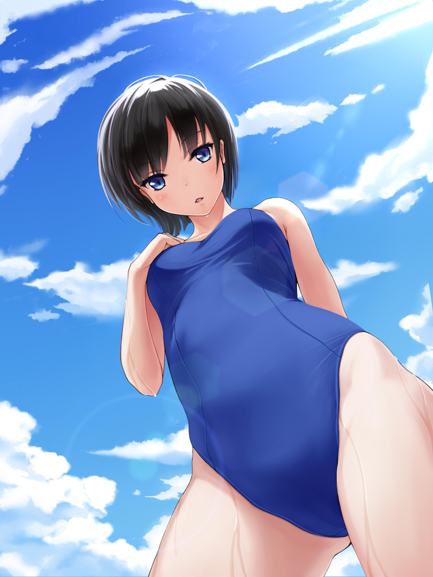 1girl, absurdres, black_hair, blue_eyes, clouds, contrapposto, cowboy_shot, foreshortening