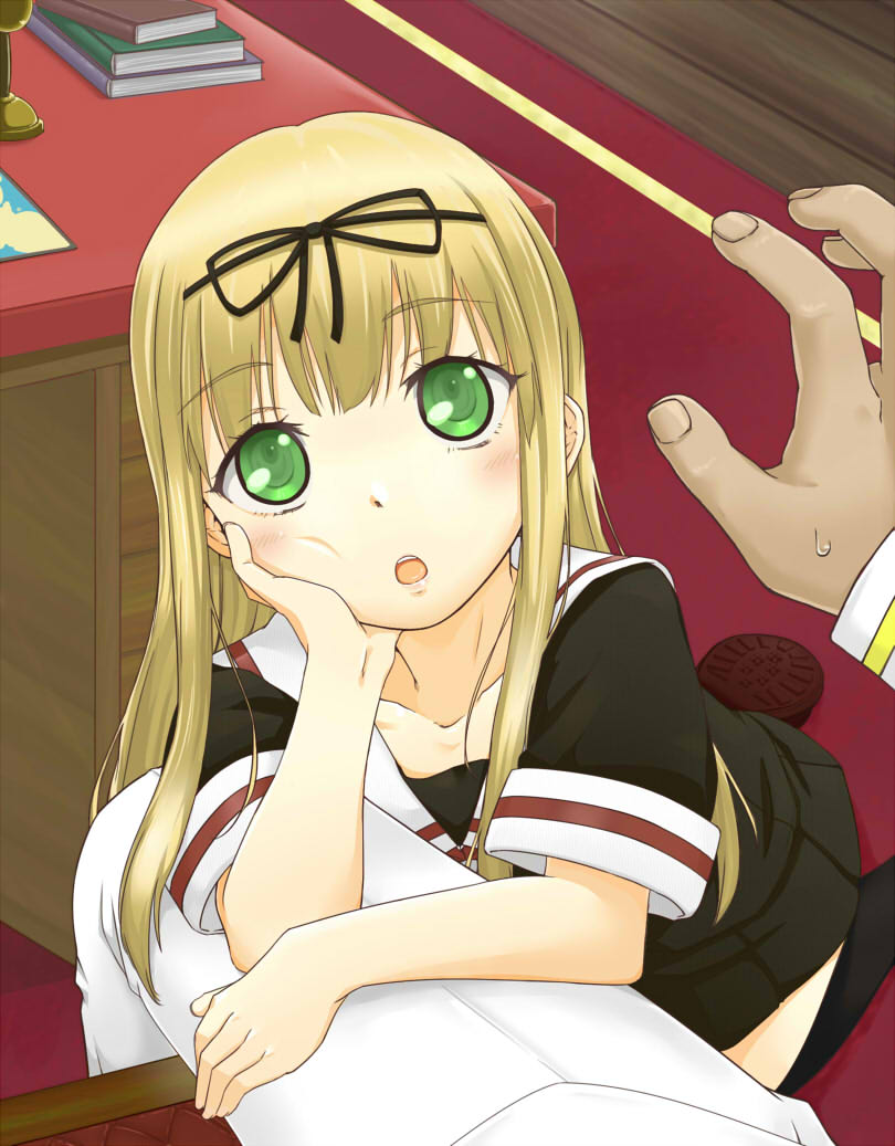 admiral_(kantai_collection), blonde_hair, book, green_eyes, hair_ribbon, hand_on_own_cheek, kaiyuna, kantai_collection, long_hair, looking_at_viewer, pov, ribbon, school_uniform, serafuku, straight_hair, yuudachi_(kantai_collection)