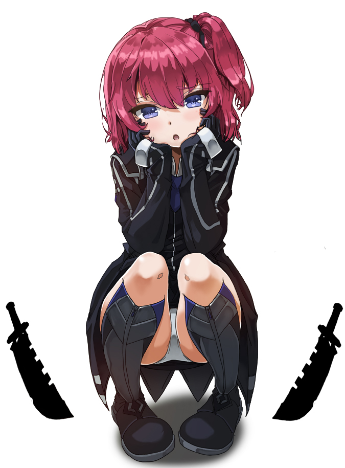 1girl, :o, black_gloves, blue_eyes, blush, boots, chin_rest, closers