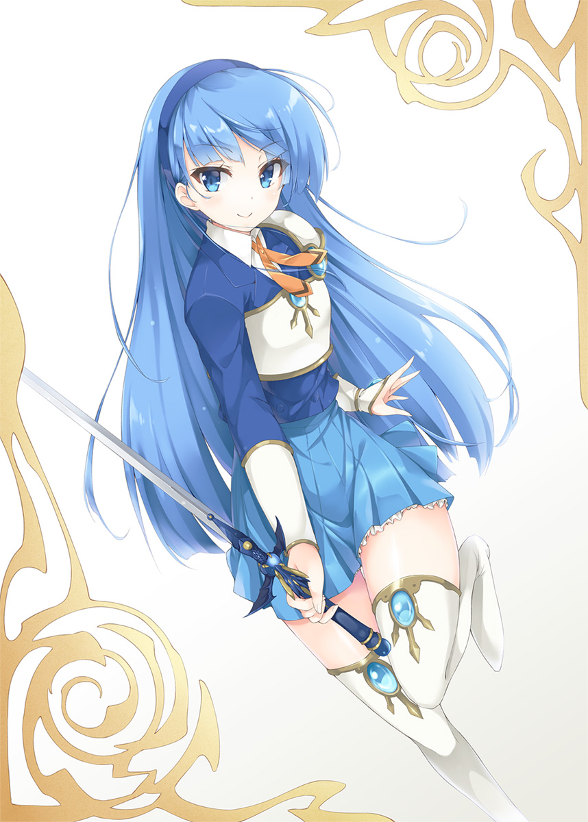 1girl, blue_eyes, blue_hair, blue_skirt, boots, hairband, highres, indigorabbit