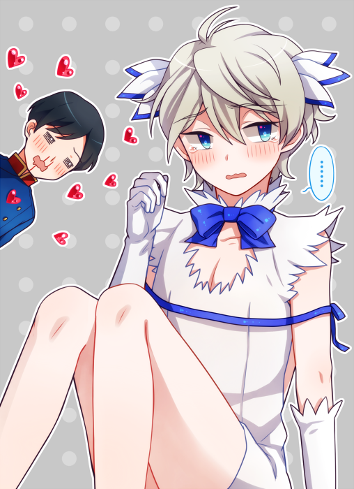 2boys, aldnoah.zero, blood, blue_hair, blush, cleavage_cutout, cosplay, crossdressinging