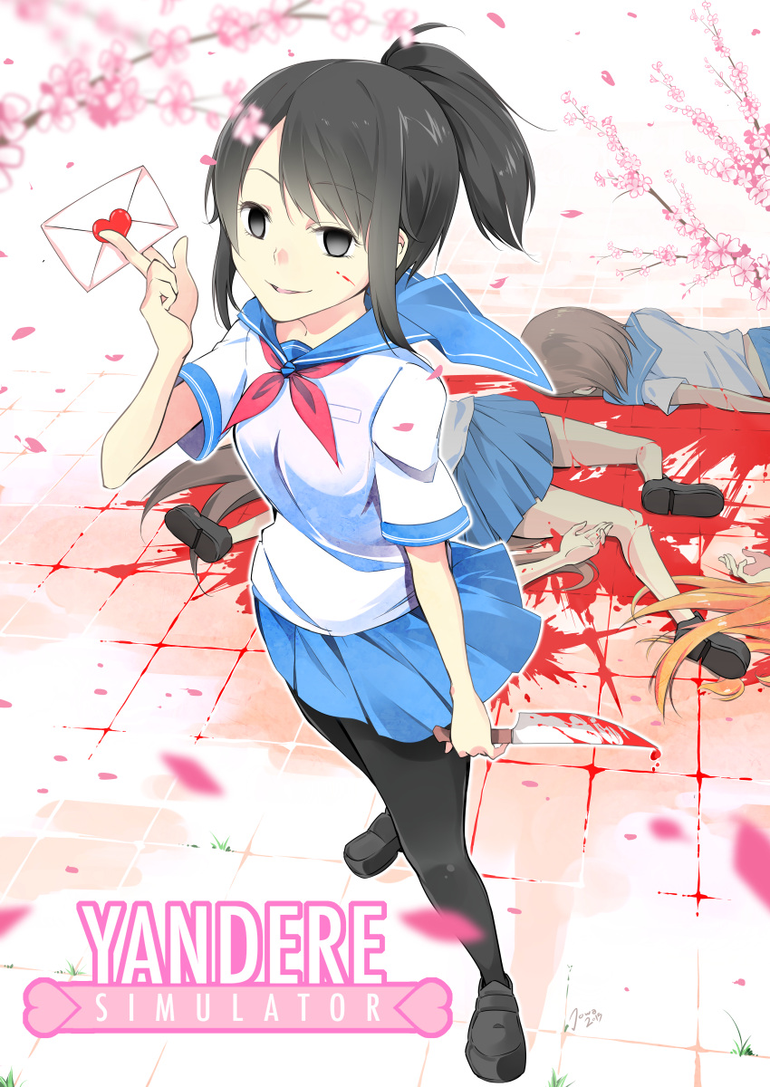 1girl, absurdres, black_eyes, blood, cherry_blossoms, corpse, empty_eyes, highres