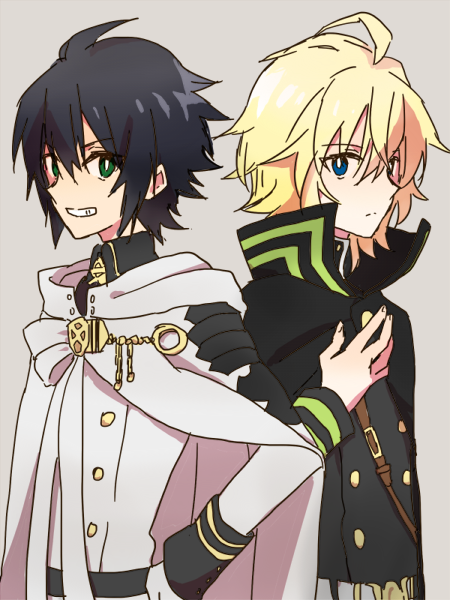 2boys, ahoge, belt, black_hair, blonde_hair, blue_eyes, cloak, cosplay, costume_switch, double-breasted, gloves, green_eyes, grin, hyakuya_michaela, hyakuya_michaela_(cosplay), hyakuya_yuuichirou, hyakuya_yuuichirou_(cosplay), male_focus, military, military_uniform, multiple_boys, owari_no_seraph, sen_(senchaaa), short_hair, smile, uniform