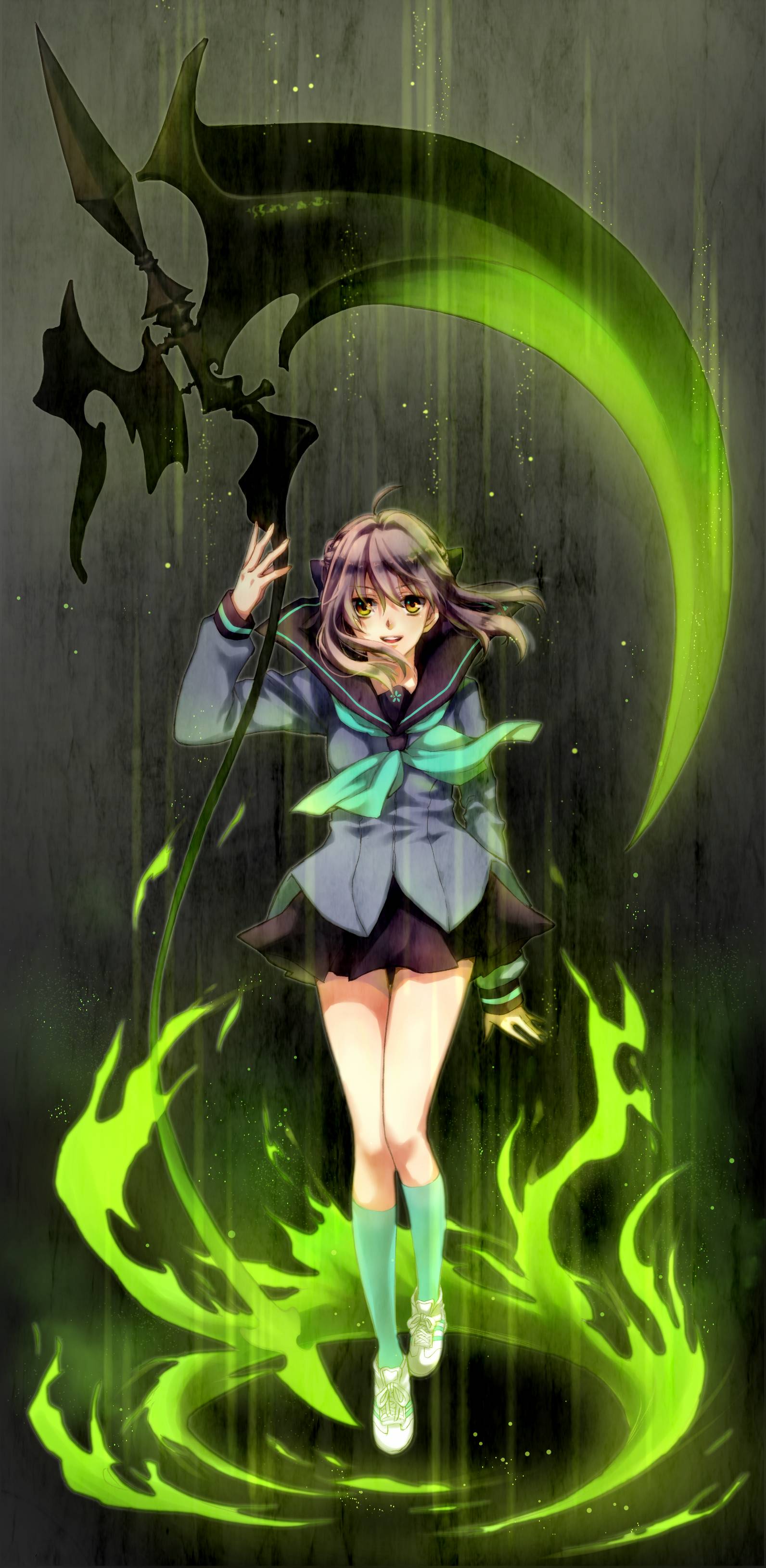 1girl, absurdres, brown_eyes, highres, hiiragi_shinoa, long_hair, mizuno_kagari, owari_no_seraph, purple_hair, ribbon, school_uniform, scythe, skirt, smile, solo, thigh-highs