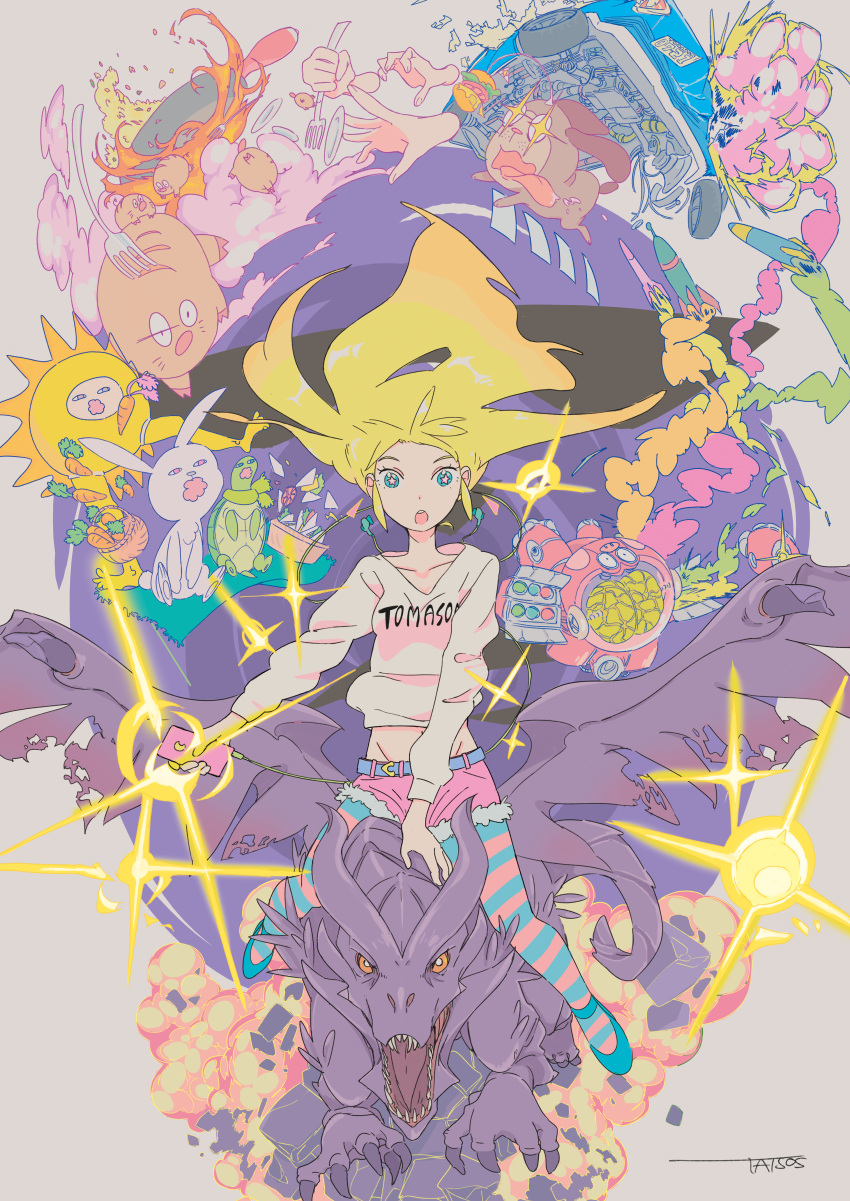 1girl, absurdres, basket, belt, blonde_hair, blue_shoes, car, carrot