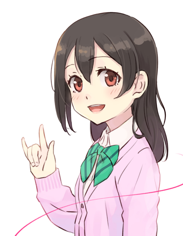 1girl, :d, \m/, black_hair, getsumen, hair_down, looking_at_viewer, love_live!_school_idol_project