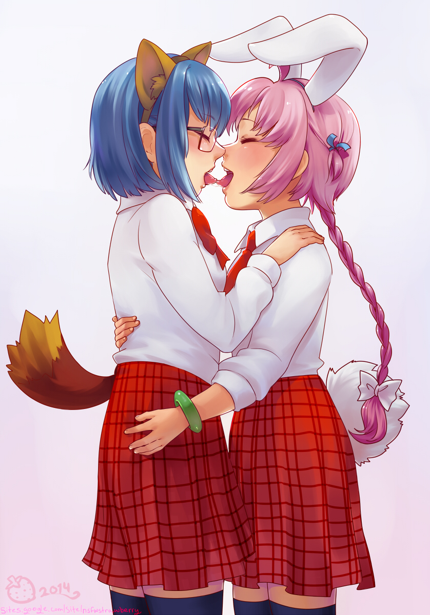 2girls, animal_ears, blue_hair, bracelet, braid, bunny_tail, closed_eyes, cowboy_shot