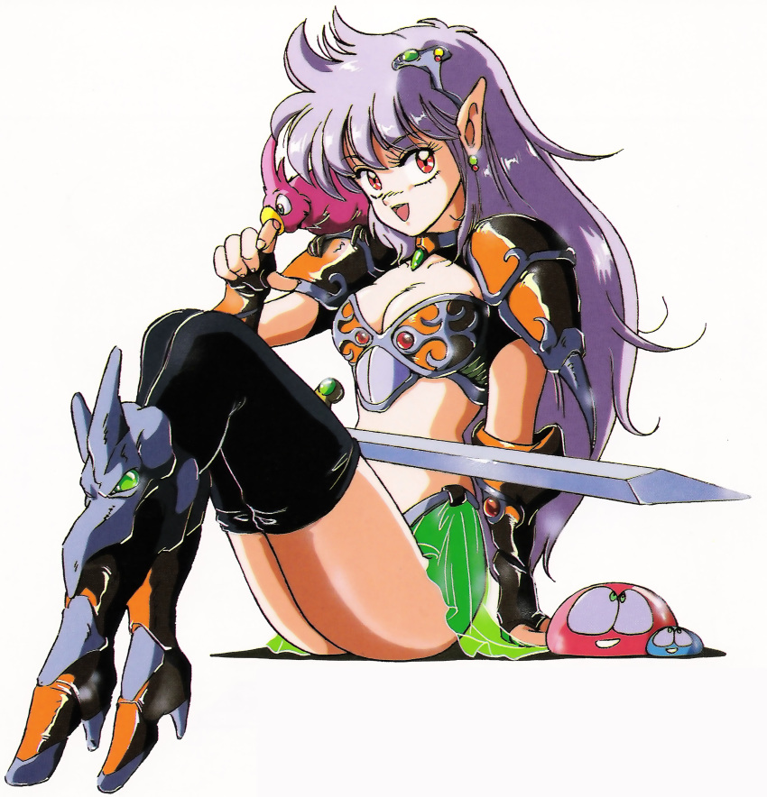 80s, absurdres, armor, bikini_armor, bird, boots, character_request, elf, high_heels, highres, jewelry, miyazaki_kenjin, official_art, oldschool, parrot, pointy_ears, purple_hair, see-through, shoulder_pads, slime, sword, weapon