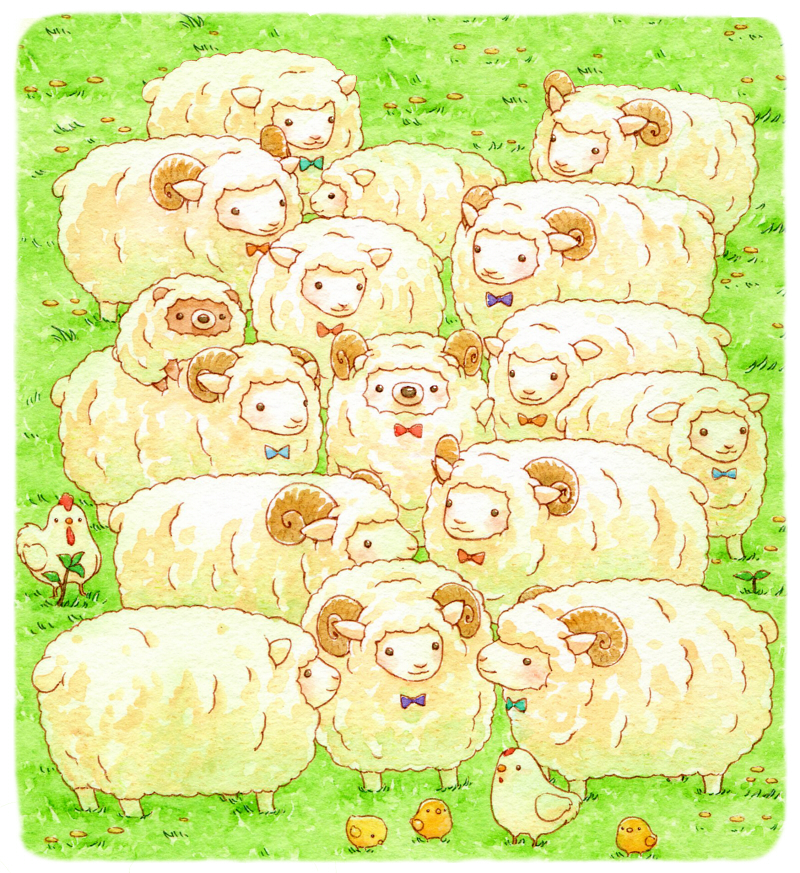 bird, chicken, no_humans, original, ram_(animal), sheep, st.kuma, traditional_media