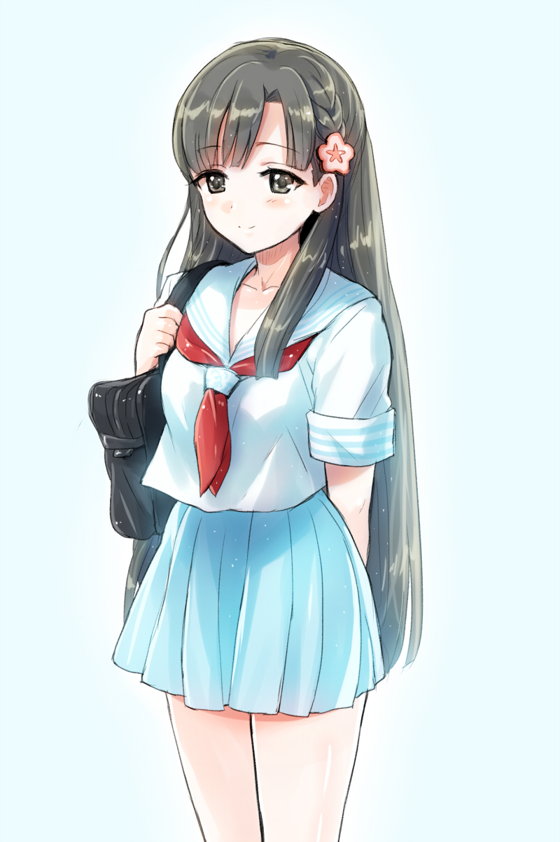 1girl, black_eyes, black_hair, eri_(resia), hair_ornament, highres, idolmaster, idolmaster_cinderella_girls, kobayakawa_sae, long_hair, school_uniform, serafuku, smile, solo