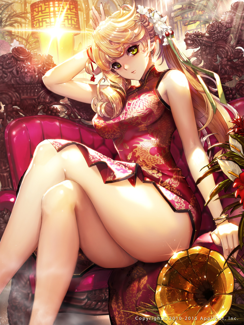 1girl, blonde_hair, blush, breasts, chair, china_dress, chinese_clothes, crossed_legs