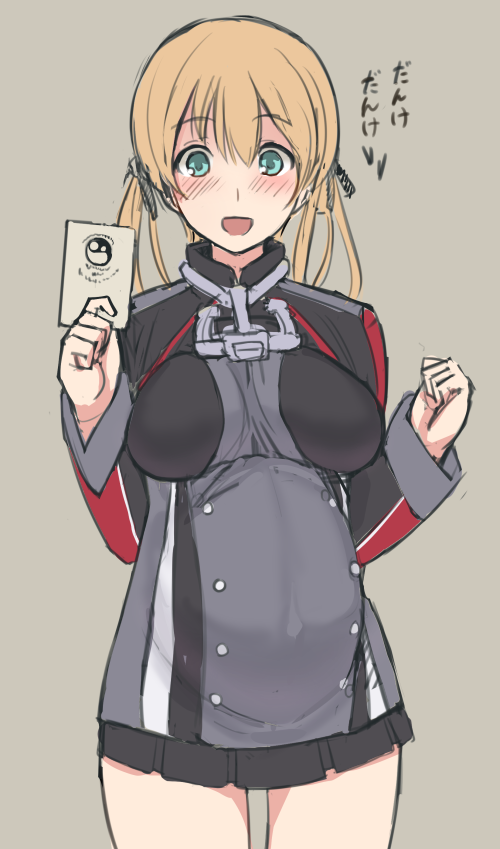 1girl, anchor_hair_ornament, blonde_hair, blush, breasts, card, hair_ornament, holding