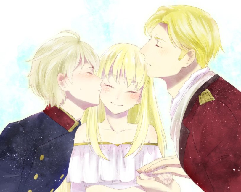 1girl, 2boys, aldnoah.zero, asseylum_vers_allusia, blonde_hair, blush, cheek_kiss, cruhteo