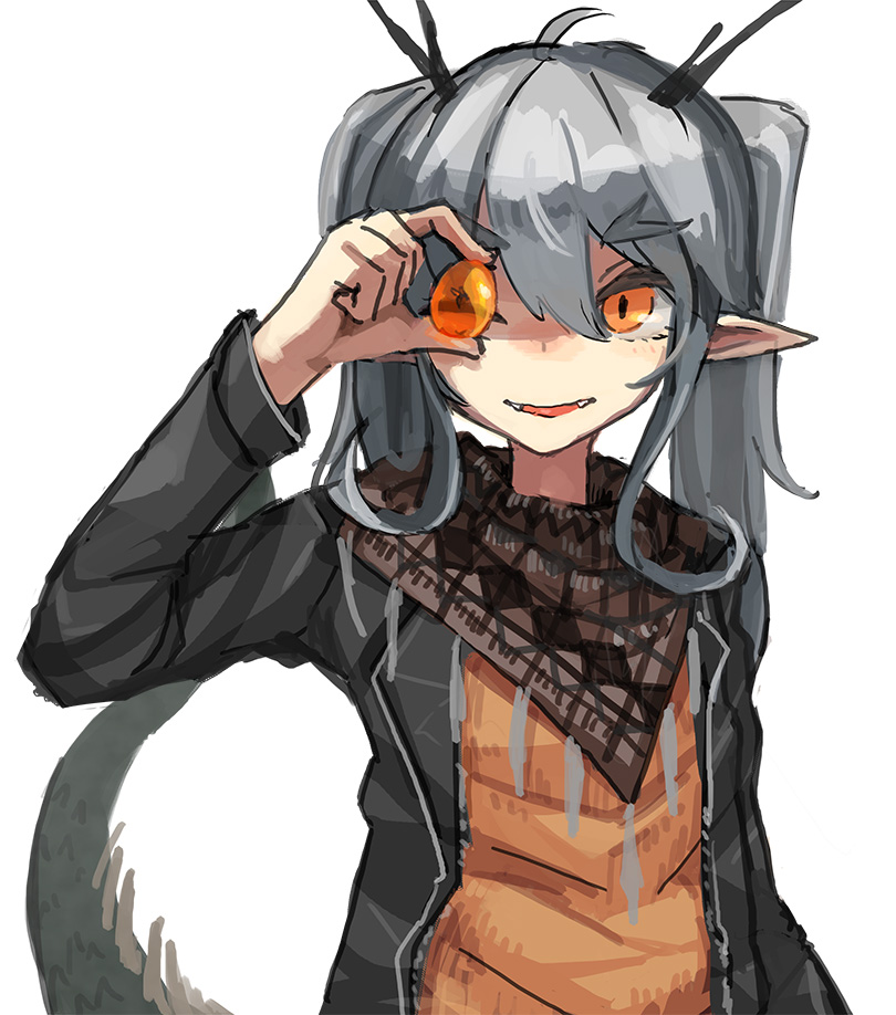 dragon_girl, dragon_tail, fang, kuryuu_kohaku, noconol, pointy_ears, tail, winking