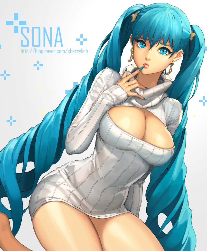 1girl, absurdres, aqua_hair, breasts, character_name, cherrylich, cleavage, cleavage_cutout