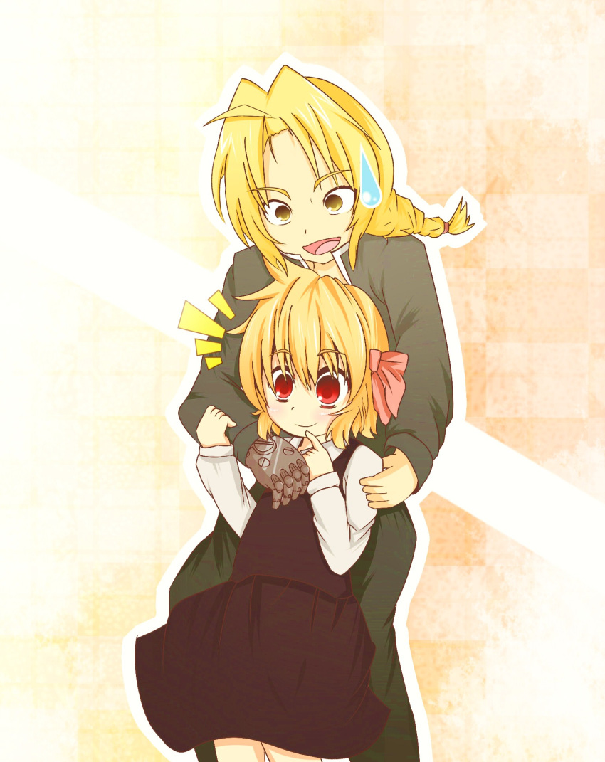 1boy, 1girl, :d, akatsuki_no_guuru, arm_grab, artificial_arm, automail, blonde_hair
