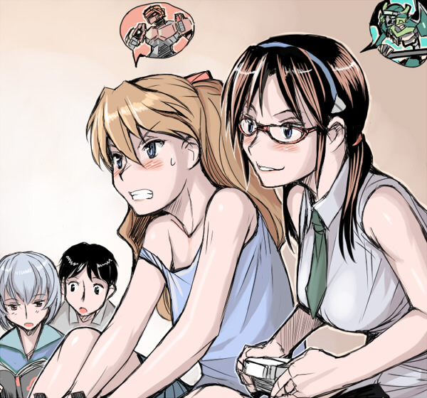 apharmd, ayanami_rei, blush, book, dreamcast, evangelion:_2.0_you_can_(not)_advance, glasses, ikari_shinji, makinami_mari_illustrious, neon_genesis_evangelion, off_shoulder, playing_games, rebuild_of_evangelion, rozenweapon, shikinami_asuka_langley, sketch, souryuu_asuka_langley, specineff, strap_slip, virtual_on