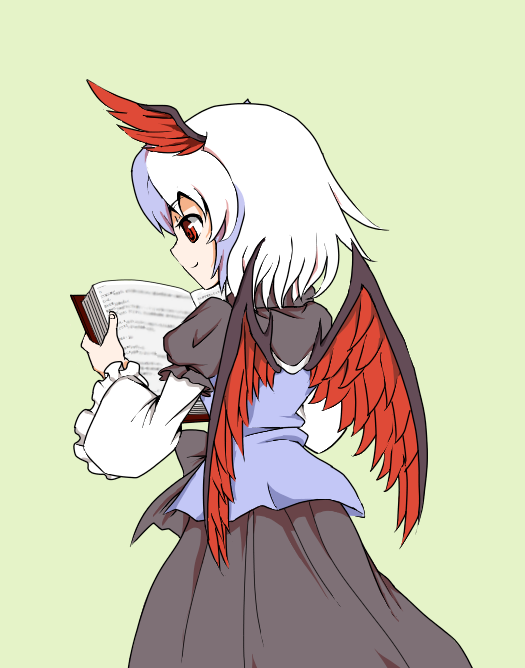 1girl, bird_wings, blue_hair, book, frilled_sleeves, frills, head_wings, kaiteki_(gk428425)