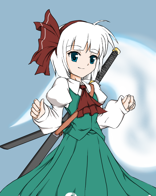 1girl, green_eyes, hairband, kaiteki_(gk428425), katana, konpaku_youmu, konpaku_youmu_(ghost), sheath, sheathed, shirt, short_hair, skirt, smile, sword, touhou, vest, weapon