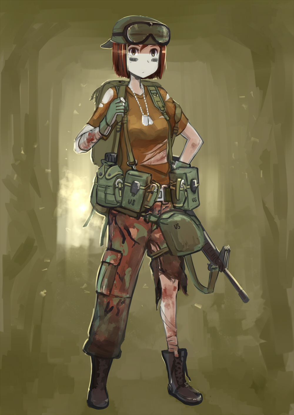1girl, :/, assault_rifle, backpack, backwards_hat, bag, bandages, blood, bloody_clothes, brown_eyes, brown_hair, camouflage, canteen, dog_tags, erica_(naze1940), facepaint, fingerless_gloves, gloves, goggles, gun, hand_on_hip, hat, highres, load_bearing_equipment, looking_at_viewer, m16, midriff, military, military_uniform, original, pants, pouch, rifle, shirt, short_hair, sling, soldier, solo, t-shirt, torn_clothes, torn_pants, torn_shirt, uniform, weapon