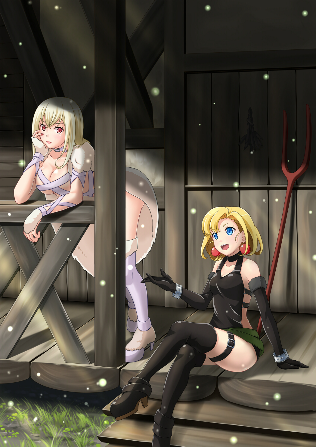 2girls, 7nanappe, artemis_(junketsu_no_maria), blonde_hair, blue_eyes, breasts, earrings, elbow_gloves